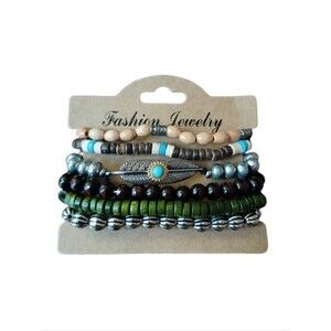 Fashion Jewelry Multi-Stack Beaded Bracelet Set - Green, Brown, Turquoise